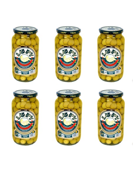 ACEITUNAS  GORDAL DESHUESADA "CHUPADEOS" LUPY. BANDEJA DE 6 TARROS 450 Gr